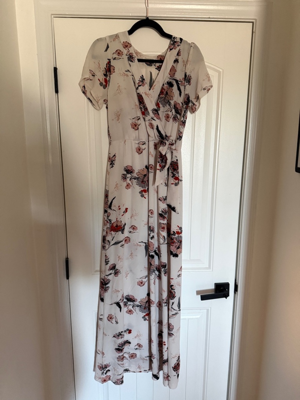Stevie Hender Cream Floral Wrap Maxi Dress with Pink and Red Accents